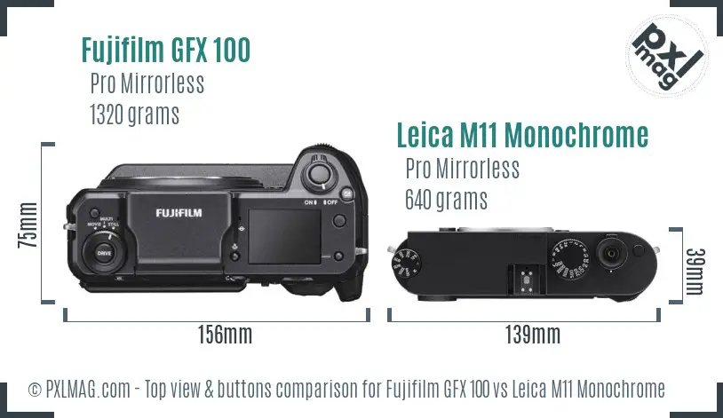 Fujifilm GFX 100 vs Leica M11 Monochrome top view buttons comparison