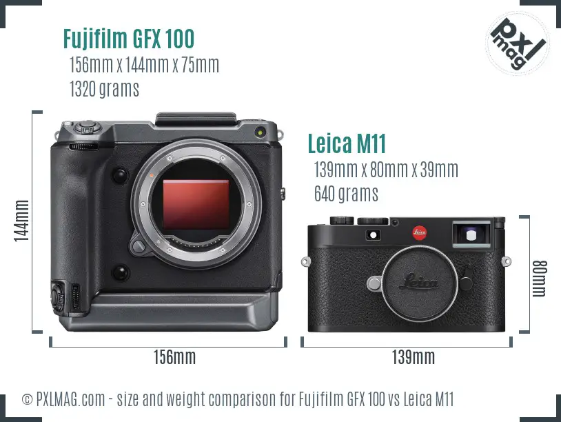 Fujifilm GFX 100 vs Leica M11 size comparison