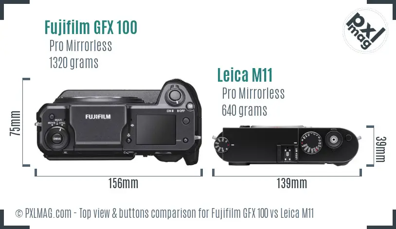 Fujifilm GFX 100 vs Leica M11 top view buttons comparison