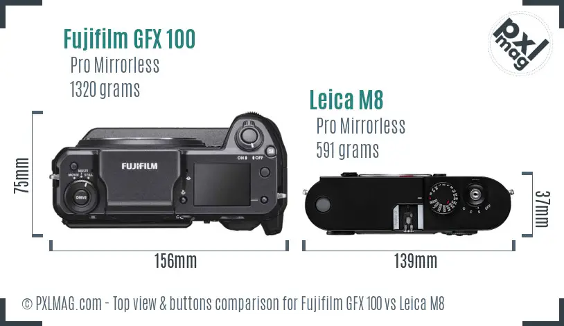 Fujifilm GFX 100 vs Leica M8 top view buttons comparison