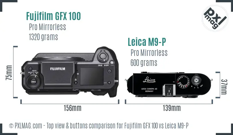 Fujifilm GFX 100 vs Leica M9-P top view buttons comparison