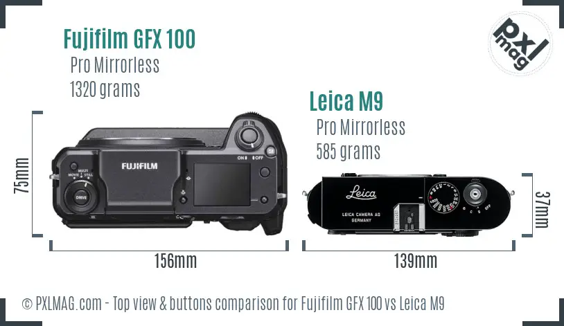 Fujifilm GFX 100 vs Leica M9 top view buttons comparison