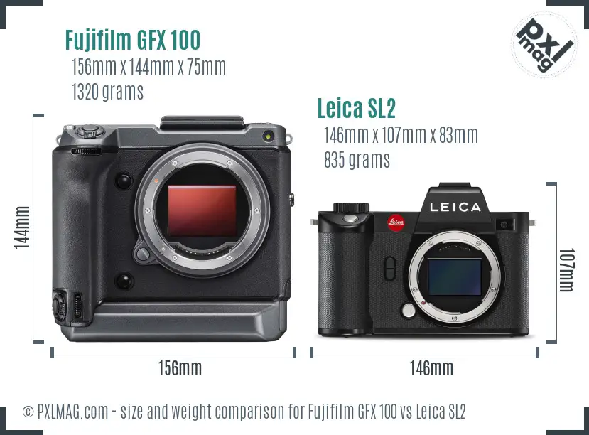 Fujifilm GFX 100 vs Leica SL2 size comparison