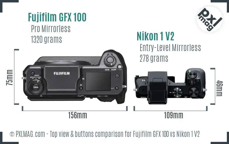 Fujifilm GFX 100 vs Nikon 1 V2 top view buttons comparison