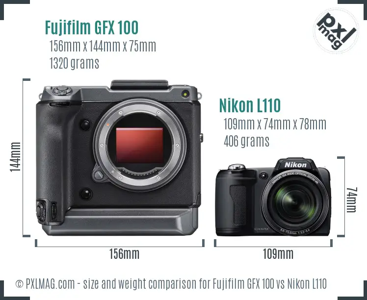 Fujifilm GFX 100 vs Nikon L110 size comparison