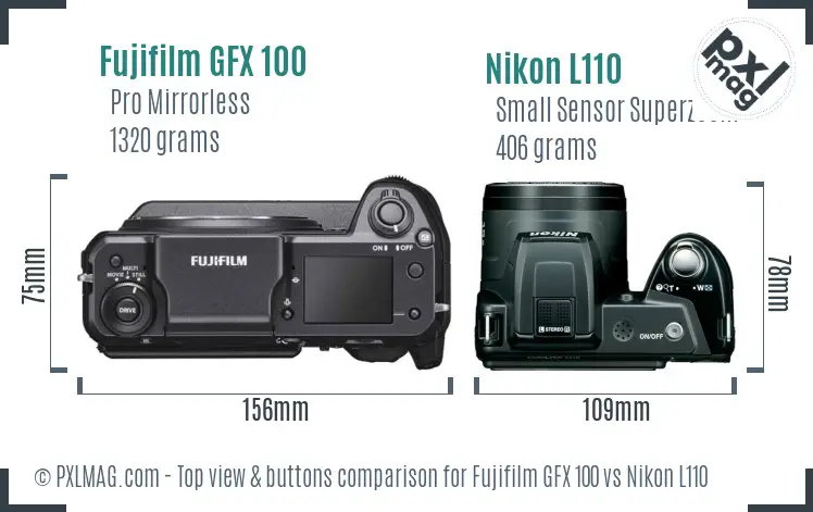 Fujifilm GFX 100 vs Nikon L110 top view buttons comparison