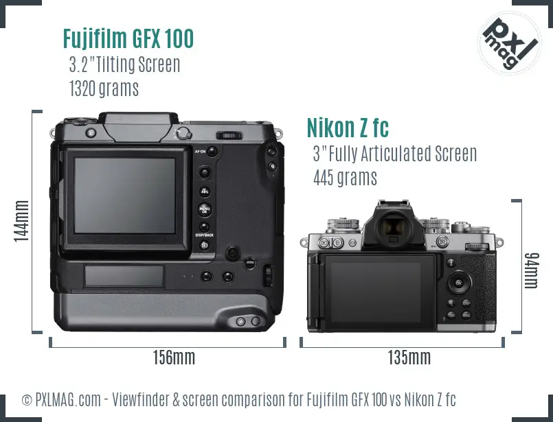 Fujifilm GFX 100 vs Nikon Z fc Screen and Viewfinder comparison