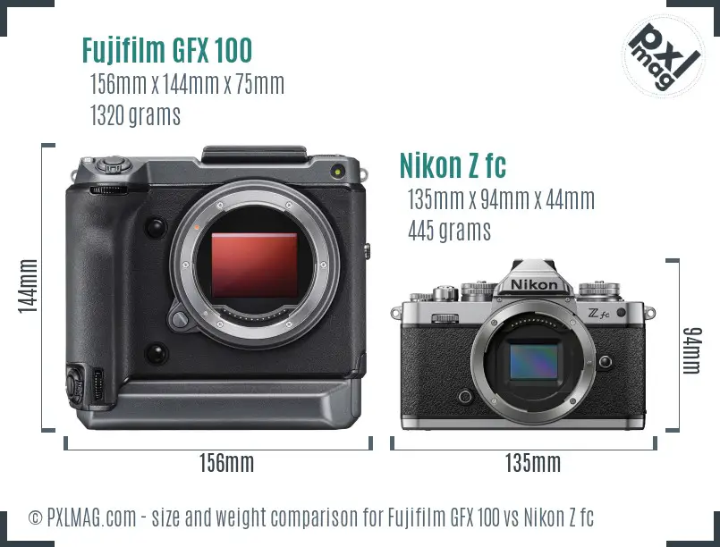 Fujifilm GFX 100 vs Nikon Z fc size comparison