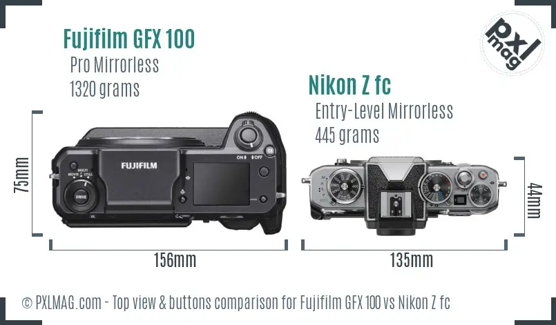 Fujifilm GFX 100 vs Nikon Z fc top view buttons comparison