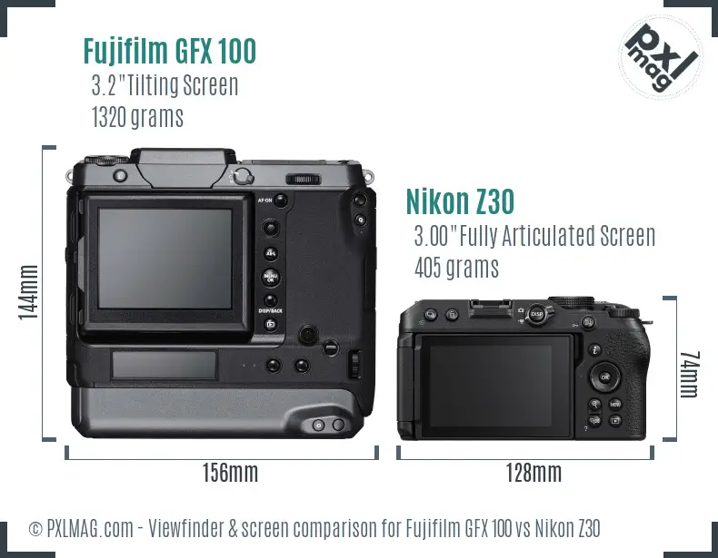 Fujifilm GFX 100 vs Nikon Z30 Screen and Viewfinder comparison