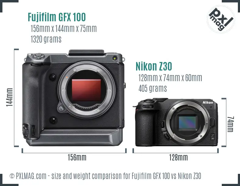 Fujifilm GFX 100 vs Nikon Z30 size comparison