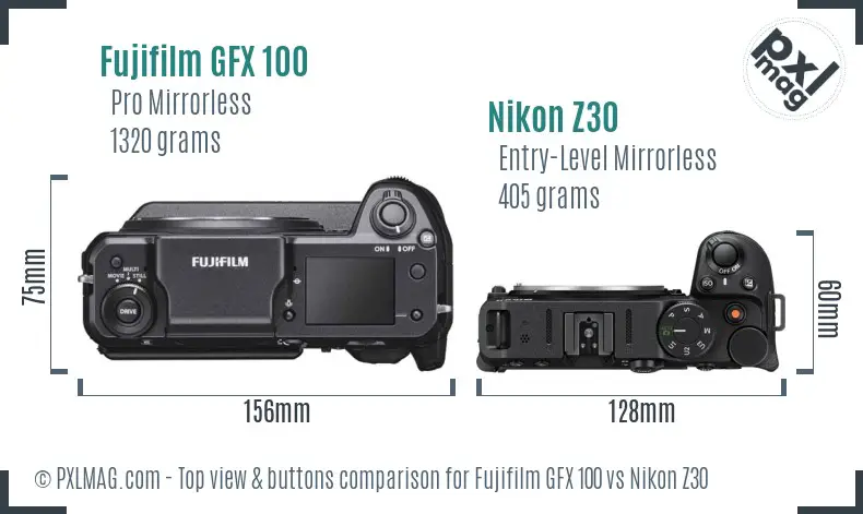 Fujifilm GFX 100 vs Nikon Z30 top view buttons comparison