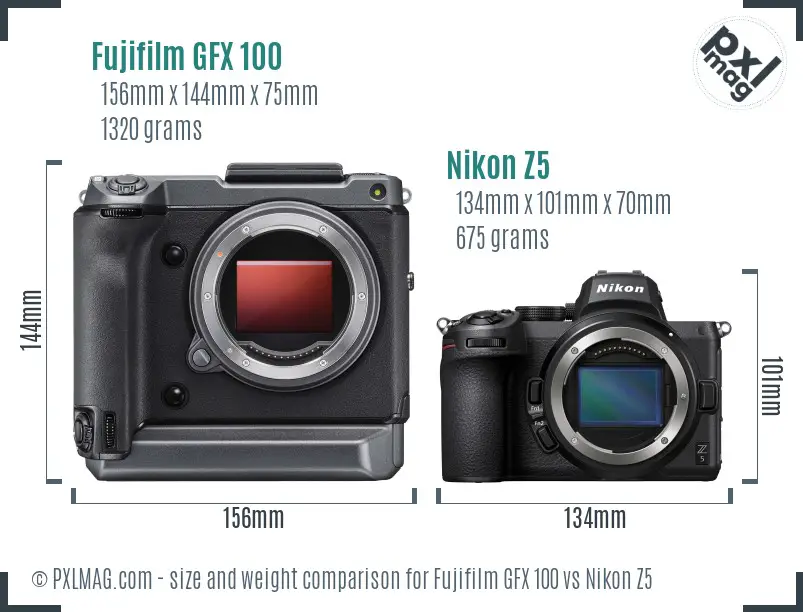 Fujifilm GFX 100 vs Nikon Z5 size comparison