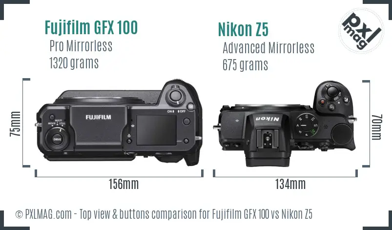 Fujifilm GFX 100 vs Nikon Z5 top view buttons comparison