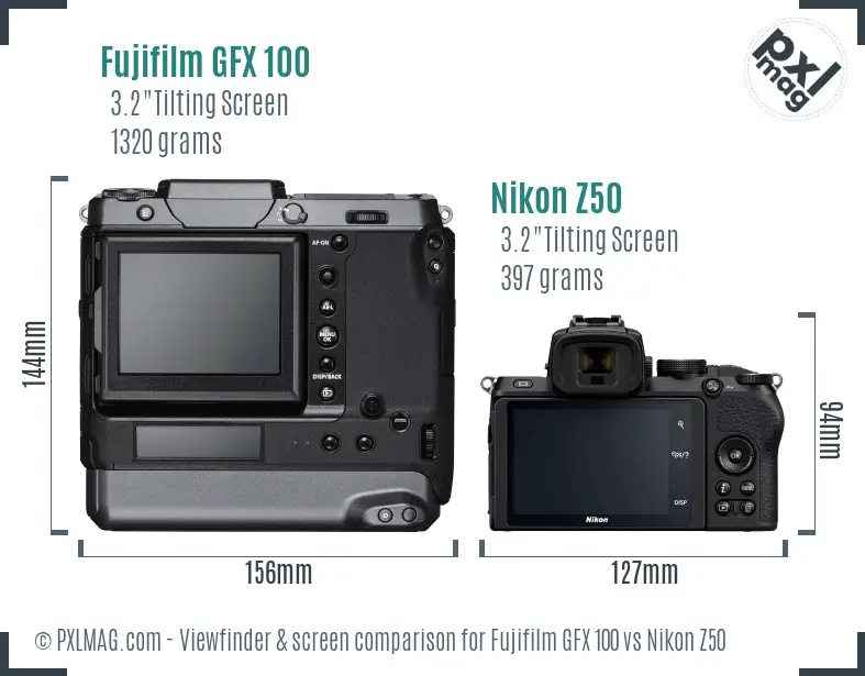 Fujifilm GFX 100 vs Nikon Z50 Screen and Viewfinder comparison