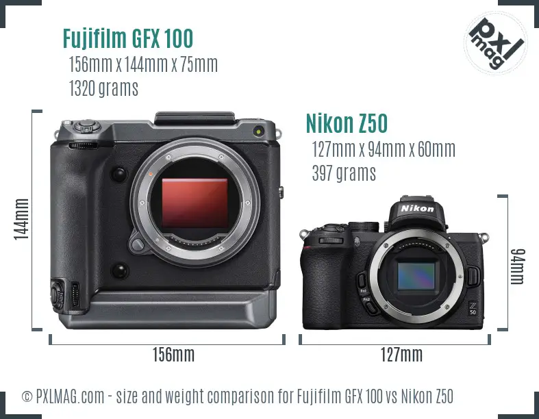 Fujifilm GFX 100 vs Nikon Z50 size comparison