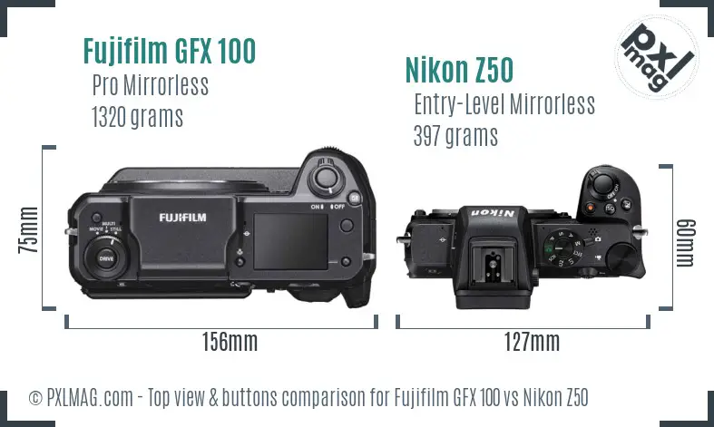 Fujifilm GFX 100 vs Nikon Z50 top view buttons comparison