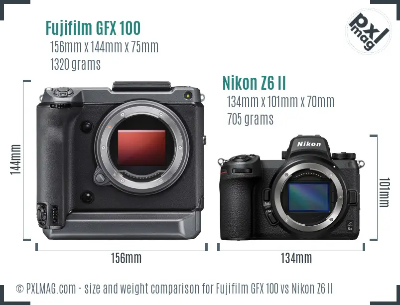 Fujifilm GFX 100 vs Nikon Z6 II size comparison