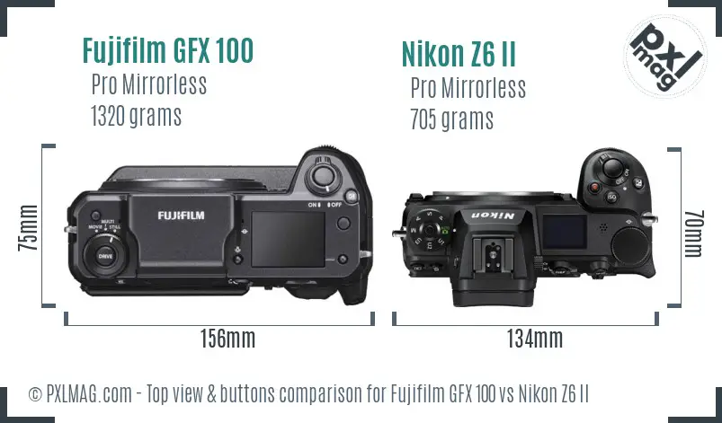 Fujifilm GFX 100 vs Nikon Z6 II top view buttons comparison