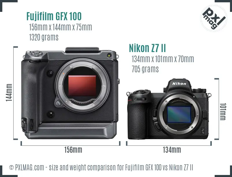 Fujifilm GFX 100 vs Nikon Z7 II size comparison