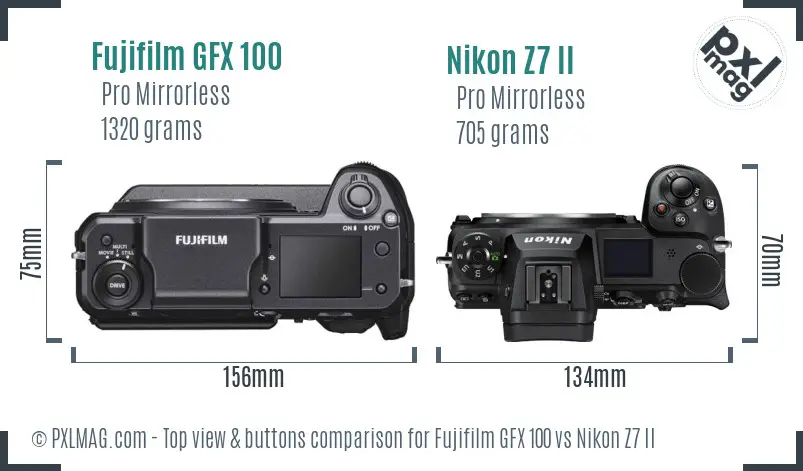 Fujifilm GFX 100 vs Nikon Z7 II top view buttons comparison
