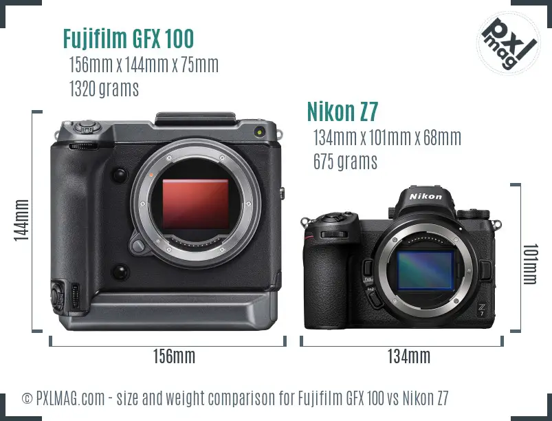 Fujifilm GFX 100 vs Nikon Z7 size comparison