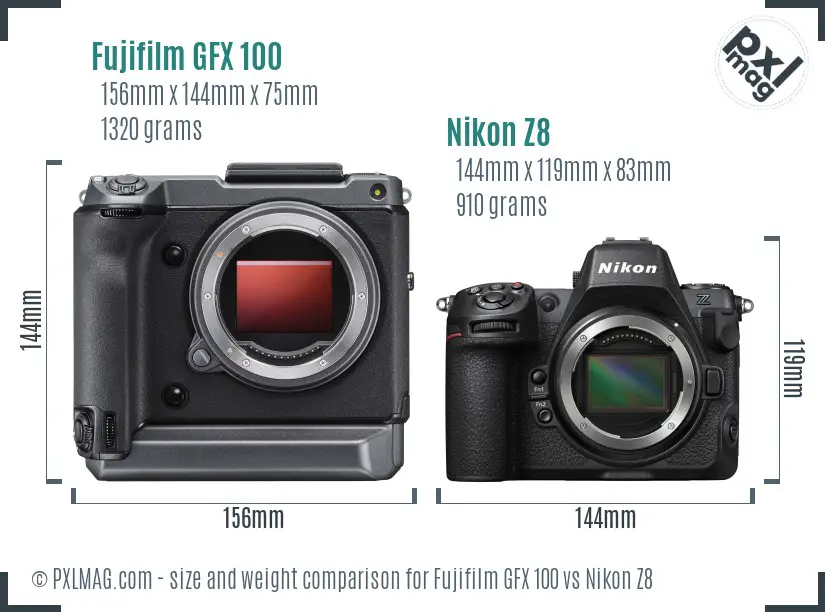 Fujifilm GFX 100 vs Nikon Z8 size comparison