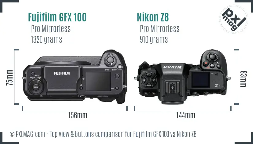 Fujifilm GFX 100 vs Nikon Z8 top view buttons comparison
