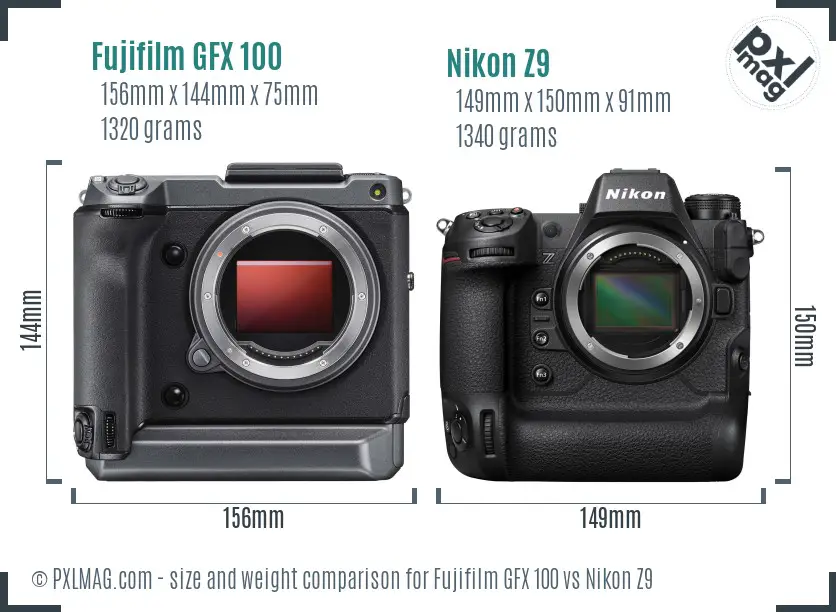 Fujifilm GFX 100 vs Nikon Z9 size comparison