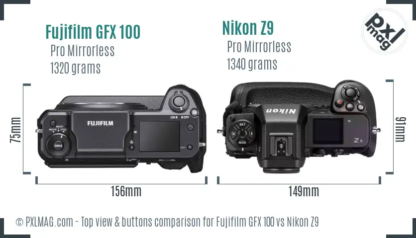 Fujifilm GFX 100 vs Nikon Z9 top view buttons comparison