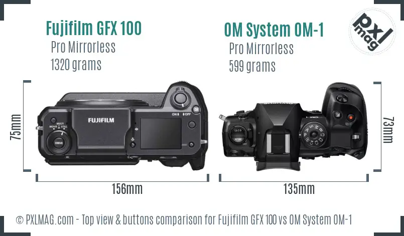 Fujifilm GFX 100 vs OM System OM-1 top view buttons comparison