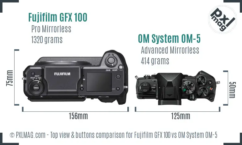 Fujifilm GFX 100 vs OM System OM-5 top view buttons comparison Fujifilm GFX 100 vs OM System OM-5 top view buttons comparison