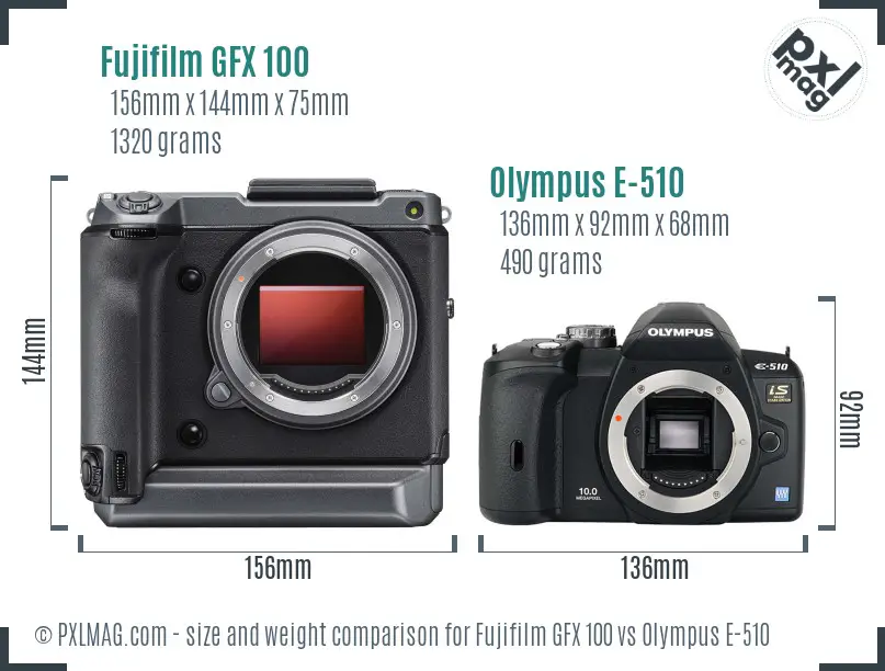 Fujifilm GFX 100 vs Olympus E-510 size comparison