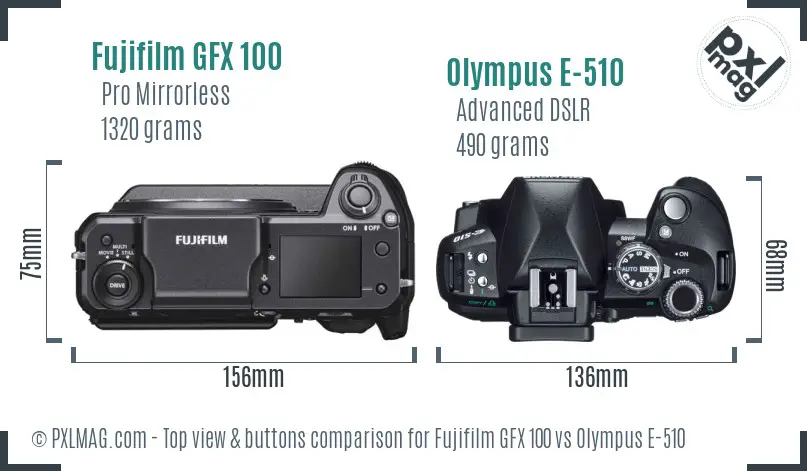 Fujifilm GFX 100 vs Olympus E-510 top view buttons comparison