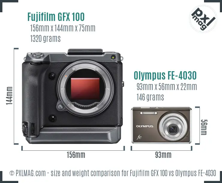 Fujifilm GFX 100 vs Olympus FE-4030 size comparison
