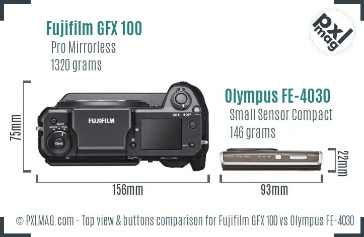 Fujifilm GFX 100 vs Olympus FE-4030 top view buttons comparison
