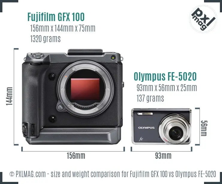Fujifilm GFX 100 vs Olympus FE-5020 size comparison