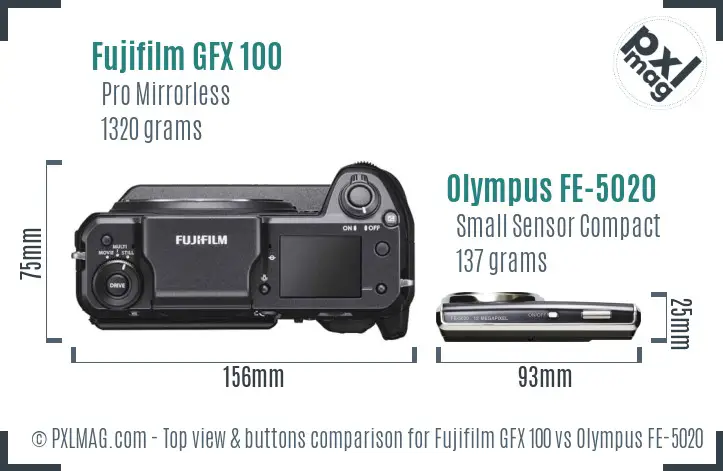 Fujifilm GFX 100 vs Olympus FE-5020 top view buttons comparison