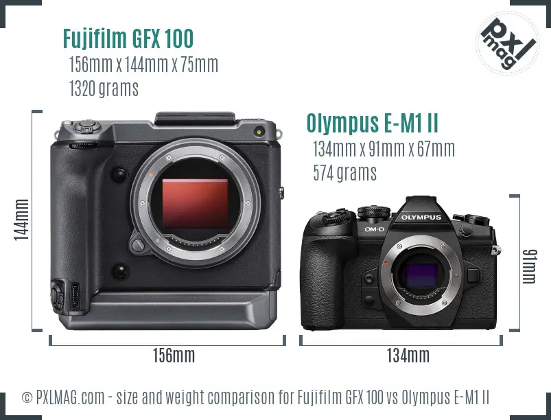 Fujifilm GFX 100 vs Olympus E-M1 II size comparison