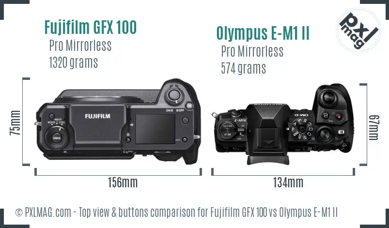 Fujifilm GFX 100 vs Olympus E-M1 II top view buttons comparison
