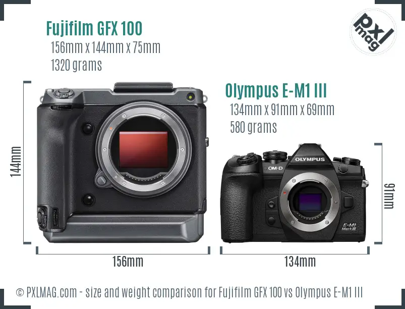 Fujifilm GFX 100 vs Olympus E-M1 III size comparison