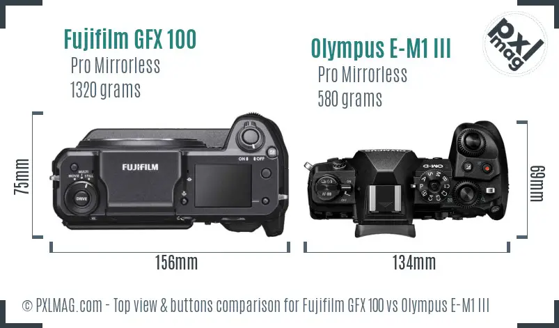 Fujifilm GFX 100 vs Olympus E-M1 III top view buttons comparison