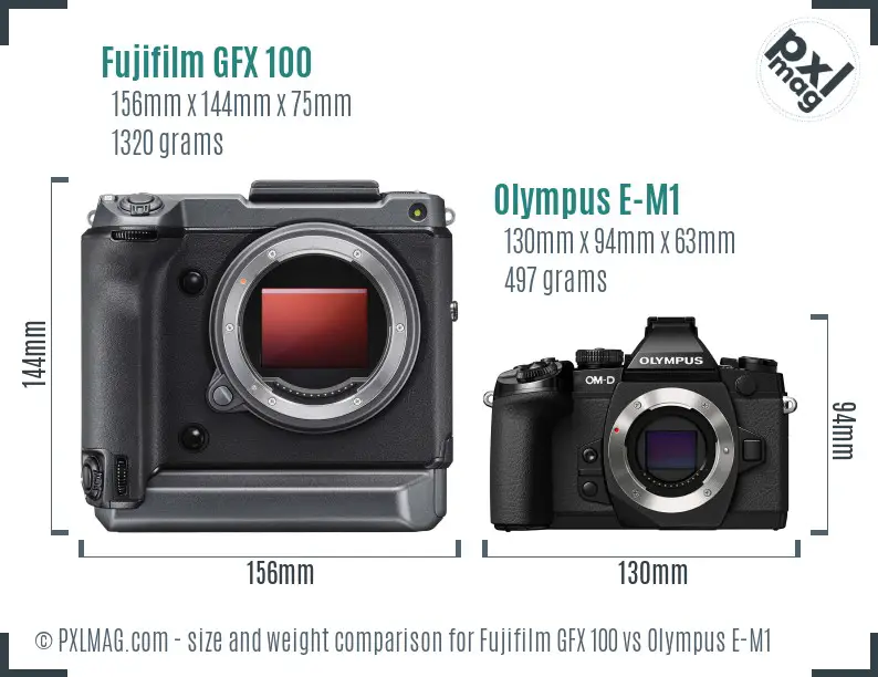 Fujifilm GFX 100 vs Olympus E-M1 size comparison