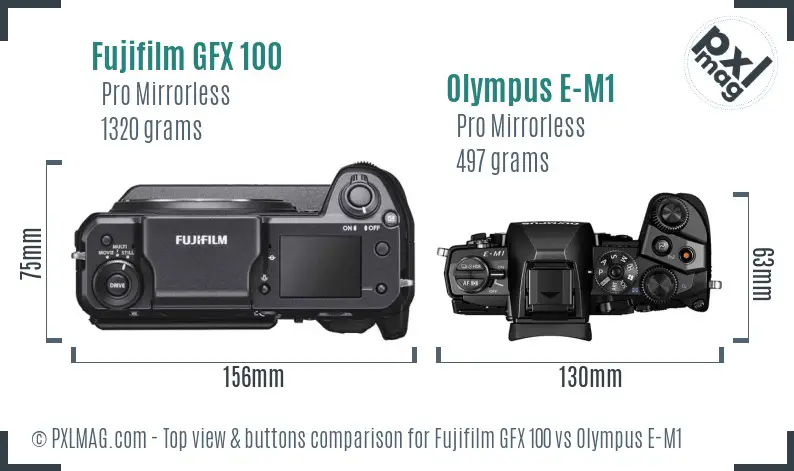 Fujifilm GFX 100 vs Olympus E-M1 top view buttons comparison