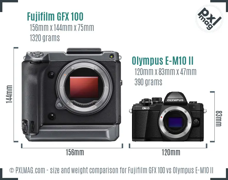 Fujifilm GFX 100 vs Olympus E-M10 II size comparison