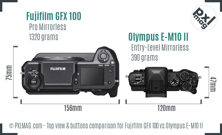 Fujifilm GFX 100 vs Olympus E-M10 II top view buttons comparison