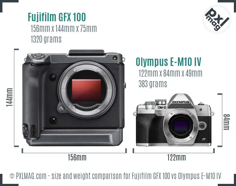 Fujifilm GFX 100 vs Olympus E-M10 IV size comparison
