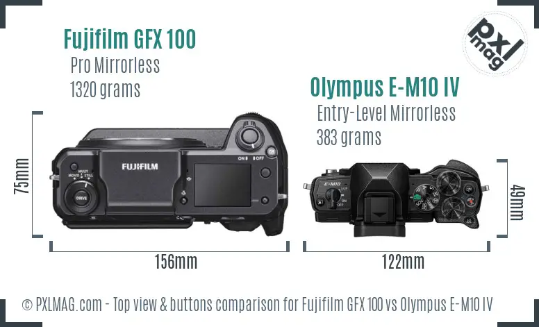 Fujifilm GFX 100 vs Olympus E-M10 IV top view buttons comparison