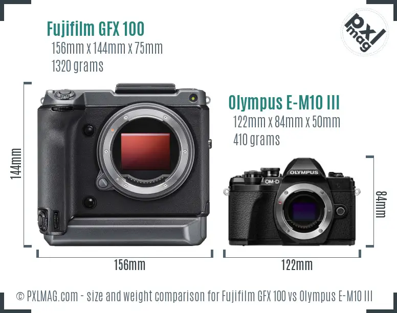 Fujifilm GFX 100 vs Olympus E-M10 III size comparison
