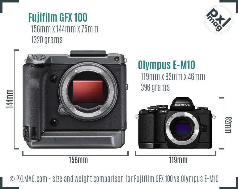 Fujifilm GFX 100 vs Olympus E-M10 size comparison